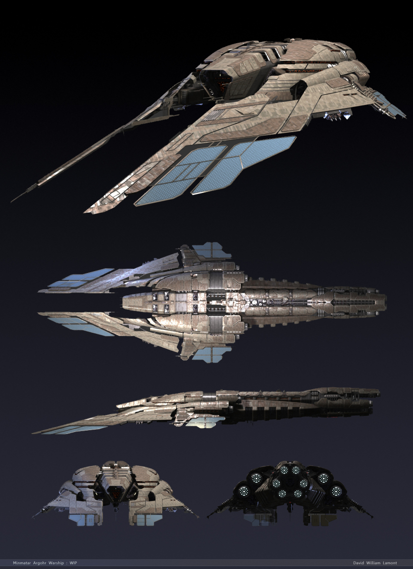 3d absurdres artist_name capital_ship_(eve_online) carrier carrier_(eve_online) combat_ship_(eve_online) commentary concept_art dark_background dlamont eve_online glowing gradient_background grey_background highres machinery military_vehicle minmatar_republic_(eve_online) multiple_views no_humans original realistic science_fiction spacecraft vehicle_focus