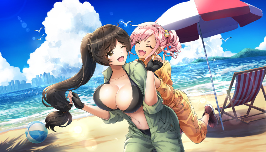 ;d ball beach beachball bikini bird black_bikini black_gloves black_hair breasts brown_eyes cleavage collarbone day dolphin_wave facing_another fang fingerless_gloves game_cg gloves green_jumpsuit hair_intakes highres jumpsuit large_breasts long_hair looking_at_another low-tied_long_hair mole mole_on_breast mole_under_mouth multiple_girls non-web_source official_art one_eye_closed ootomo_takuji open_jumpsuit open_mouth orange_jumpsuit outdoors parasol pink_hair ponytail smile swept_bangs swimsuit umbrella urami_kana yamaba_yume