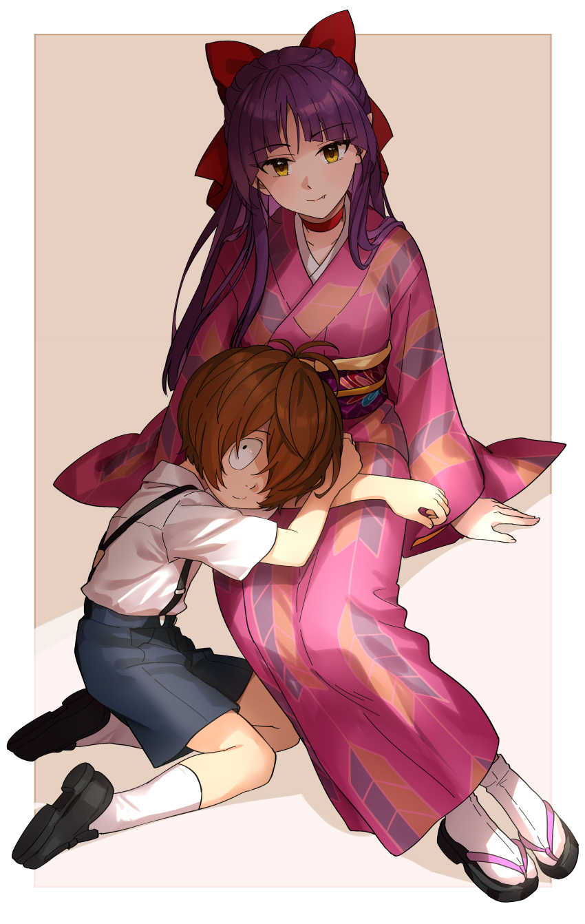 ._. 1boy 1girl absurdres alternate_costume bow brown_hair cat_girl commentary_request gegege_no_kitarou hair_bow hair_over_one_eye highres japanese_clothes kimono kitarou long_hair looking_at_viewer nekomusume nekomusume_(gegege_no_kitarou_6) one_eye_covered purple_hair short_hair silanduqiaocui sitting smile socks white_socks yellow_eyes