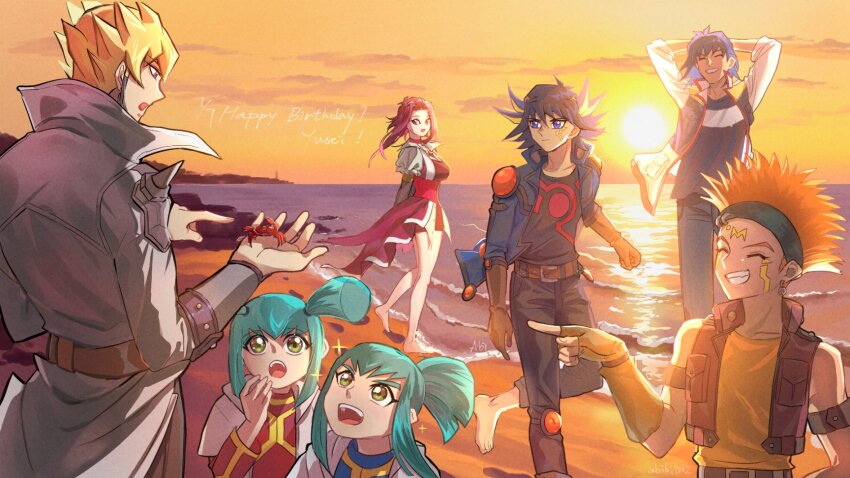 2girls 5boys abiiii bare_shoulders barefoot beach belt black_hair black_shirt blonde_hair blue_hair blue_jacket breasts brown_vest bruno_(yu-gi-oh!) character_name closed_eyes coat collarbone commentary_request crab crow_hogan fudo_yusei green_hair happy_birthday high_ponytail highres izayoi_aki jack_atlas jacket large_breasts lua_(yu-gi-oh!) luca_(yu-gi-oh!) multiple_boys multiple_girls ocean orange_hair ponytail red_hair sand shirt sleeveless sleeveless_shirt spiked_hair sunset vest water white_coat yellow_shirt yu-gi-oh! yu-gi-oh!_5d&#039;s