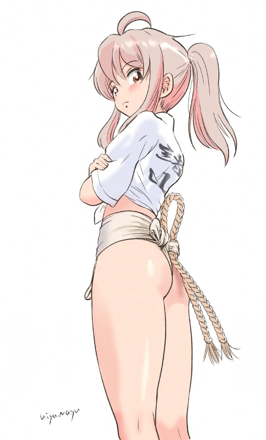 1girl ahoge ass blush brown_eyes closed_mouth crossed_arms from_below fundoshi highres hiyama_yuu_(wee259hiyama) japanese_clothes long_hair looking_at_viewer looking_down mizu_happi onii-chan_wa_oshimai! oyama_mahiro pink_hair ponytail signature simple_background solo white_background