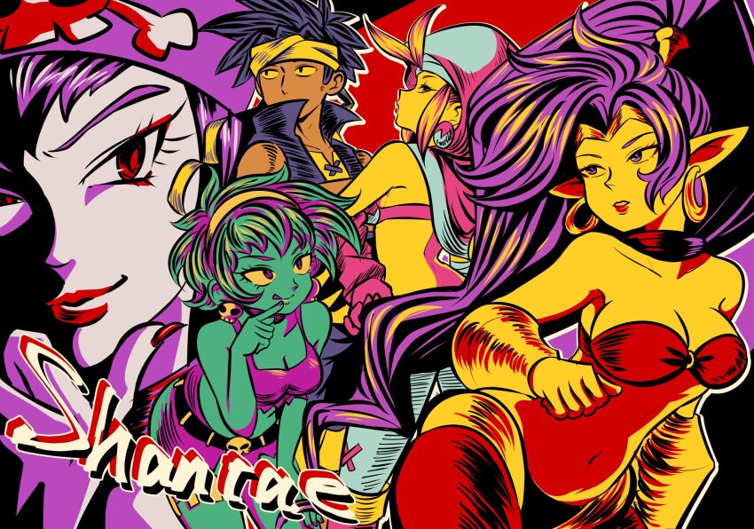 1boy 4girls bolo_(shantae) breasts brs colored_skin dark-skinned_male dark_skin earrings fricome green_hair green_skin highres jewelry long_hair medium_breasts multiple_girls pants pointy_ears ponytail purple_hair red_eyes risky_boots rottytops shantae shantae_(series) shorts sky_(shantae) very_long_hair zombie