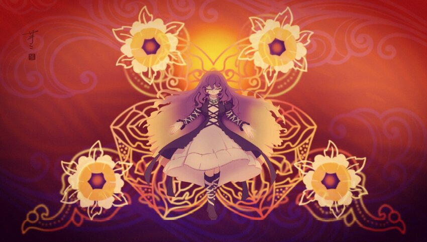 1girl ay606078 beads black_boots black_dress blonde_hair boots breasts closed_eyes closed_mouth commentary_request cross-laced_clothes cross-laced_dress danmaku dress facing_viewer flower gradient_hair highres hijiri_byakuren knee_boots large_breasts layered_dress long_hair long_sleeves multicolored_hair prayer_beads purple_hair signature smile solo touhou white_dress