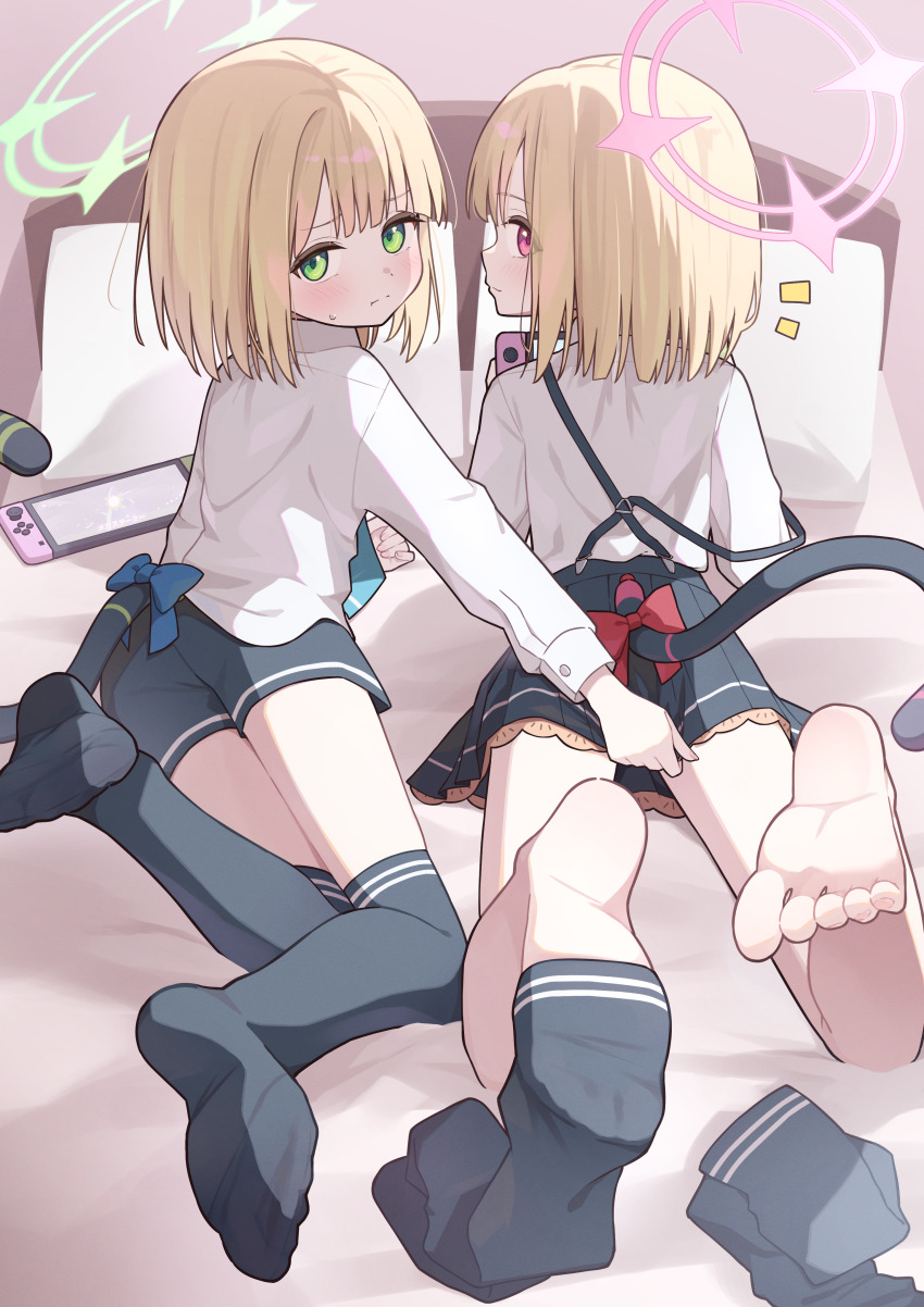 2girls :t absurdres adjusting_another&#039;s_clothes adjusting_clothes adjusting_skirt barefoot black_shorts black_skirt black_thighhighs blonde_hair blue_archive blue_bow blue_necktie blush bow buttoned_cuffs buttons cat_tail closed_mouth commentary_request covering_another&#039;s_ass covering_ass covering_privates dot_nose feet fingernails frilled_skirt frills full_body green_eyes green_halo halo handheld_game_console highres holding holding_handheld_game_console indoors layered_sleeves legs_up light_blush light_smile loli long_sleeves looking_at_viewer looking_back lying midori_(blue_archive) momoi_(blue_archive) multiple_girls necktie nintendo_switch no_jacket no_shoes notice_lines on_bed on_side on_stomach pillow pink_eyes pink_halo pleated_skirt pout red_bow shirt shirt_tucked_in short_hair shorts siblings sisters skirt sleeve_cuffs small_sweatdrop smile socks soles split_mouth strap_slip suspender_skirt suspenders sweatdrop tail tail_bow tail_ornament thighhighs thighs toes toki_kimagure twins unworn_socks unworn_thighhighs white_shirt zettai_ryouiki