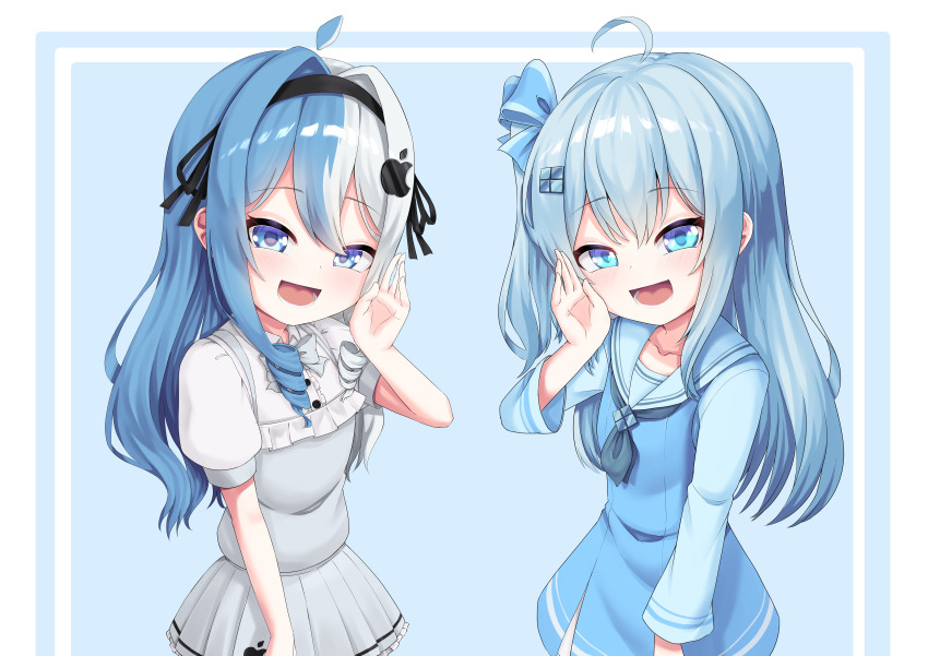 2boys absurdres ahoge apple_inc. apple_logo black_ribbon blue_background blue_eyes blue_hair blue_theme blush border bow bowtie center_frills collarbone commentary double-parted_bangs dress drill_hair drill_sidelocks english_commentary eyelashes flat_chest frilled_dress frills grey_bow grey_hair hair_bow hair_intakes hair_ornament hairpin highres logo_hair_ornament long_hair long_sleeves looking_at_viewer lower_teeth_only macintosh madobe_ichika mesugaki microsoft_windows multicolored_hair multiple_boys nomorakazu open_mouth os-tan petite pleated_skirt puffy_short_sleeves puffy_sleeves ribbon short_sleeves sidelocks simple_background skirt split-color_hair teeth textless_version tongue two-tone_background two-tone_bow two-tone_hair windows_11 windows_logo