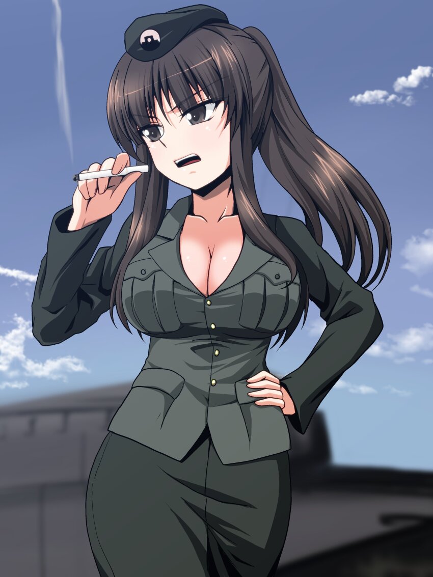 1girl absurdres beret black_eyes black_hair black_hat black_jacket black_skirt blue_sky blunt_bangs breasts cigarette cleavage cloud cloudy_sky commentary cowboy_shot day emblem frown girls_und_panzer hand_on_own_hip hat highres holding holding_cigarette jacket japanese_tankery_league_(emblem) kamishima_kanon large_breasts long_hair long_sleeves looking_to_the_side military_hat military_uniform military_vehicle miniskirt motor_vehicle nishizumi_shiho no_shirt open_mouth outdoors pencil_skirt ponytail selection_university_military_uniform sidelocks skirt sky smoke solo standing straight_hair tank