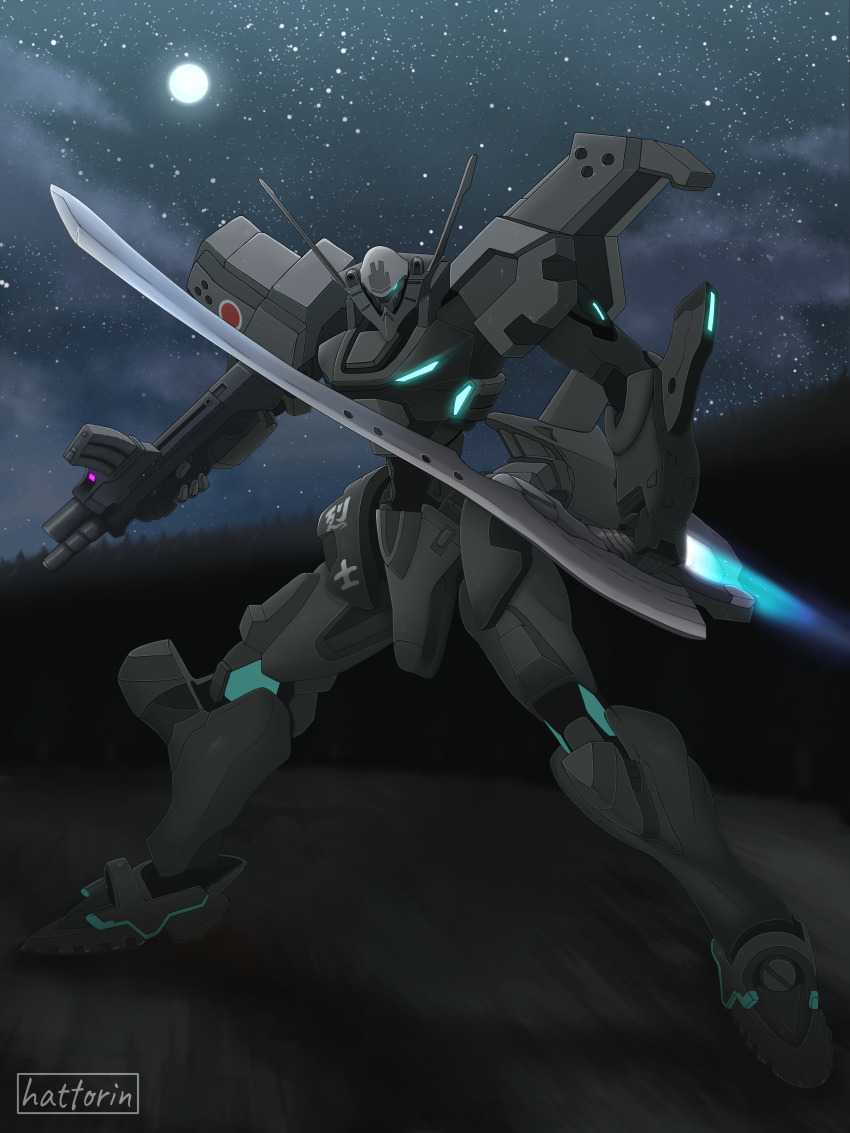 absurdres artist_name assault_visor gun hattorin highres holding holding_gun holding_sword holding_weapon mecha mecha_focus muv-luv muv-luv_alternative night night_sky no_humans robot sky solo sword tactical_surface_fighter type_94_shiranui weapon