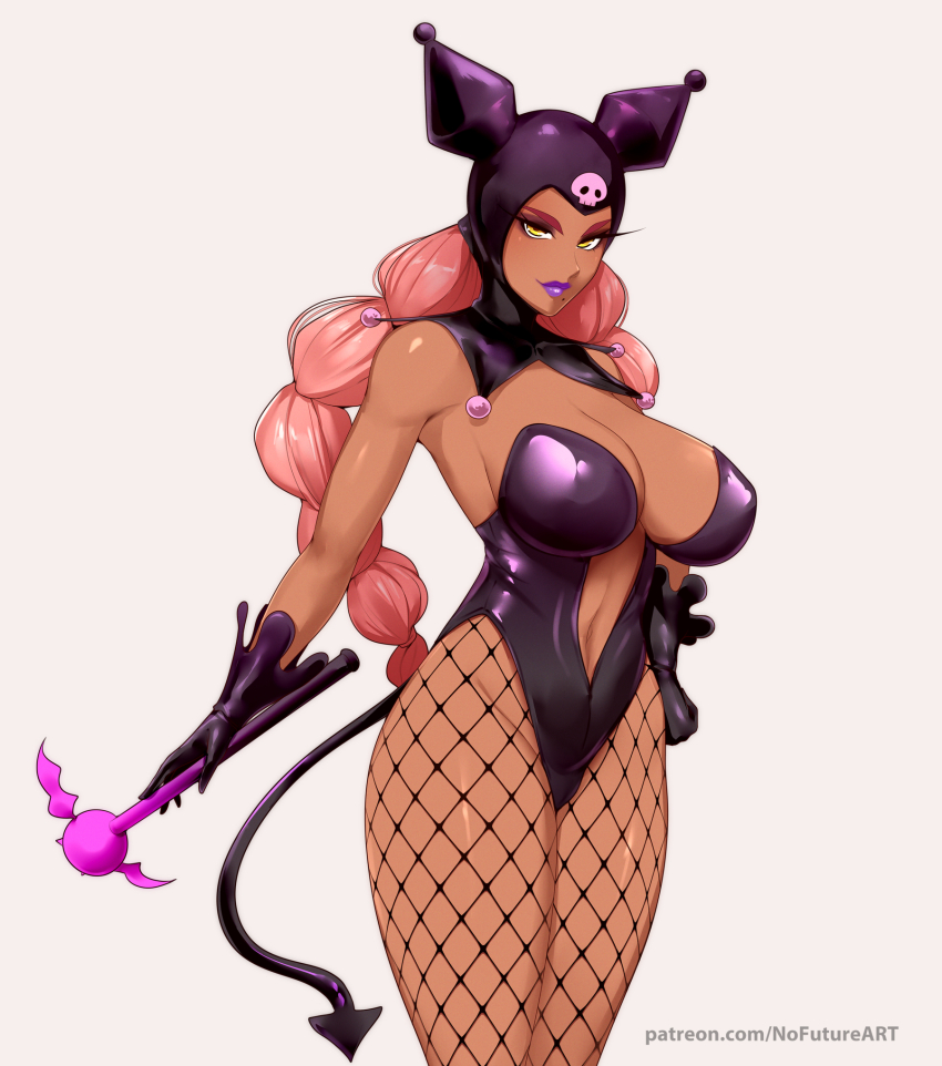 1girl braid commentary cosplay dark-skinned_female dark_skin demon_tail english_commentary fishnet_pantyhose fishnets gloves hat highleg highleg_leotard highres holding holding_scepter ingrid_(taimanin_murasaki) kuromi kuromi_(cosplay) leotard long_eyelashes long_hair low_twin_braids navel nofuture onegai_my_melody paid_reward_available pantyhose pink_hair plunging_neckline purple_gloves purple_leotard purple_lips sanrio scepter skull_print solo strapless strapless_leotard tail taimanin_(series) taimanin_murasaki twin_braids very_long_hair watermark web_address yellow_eyes
