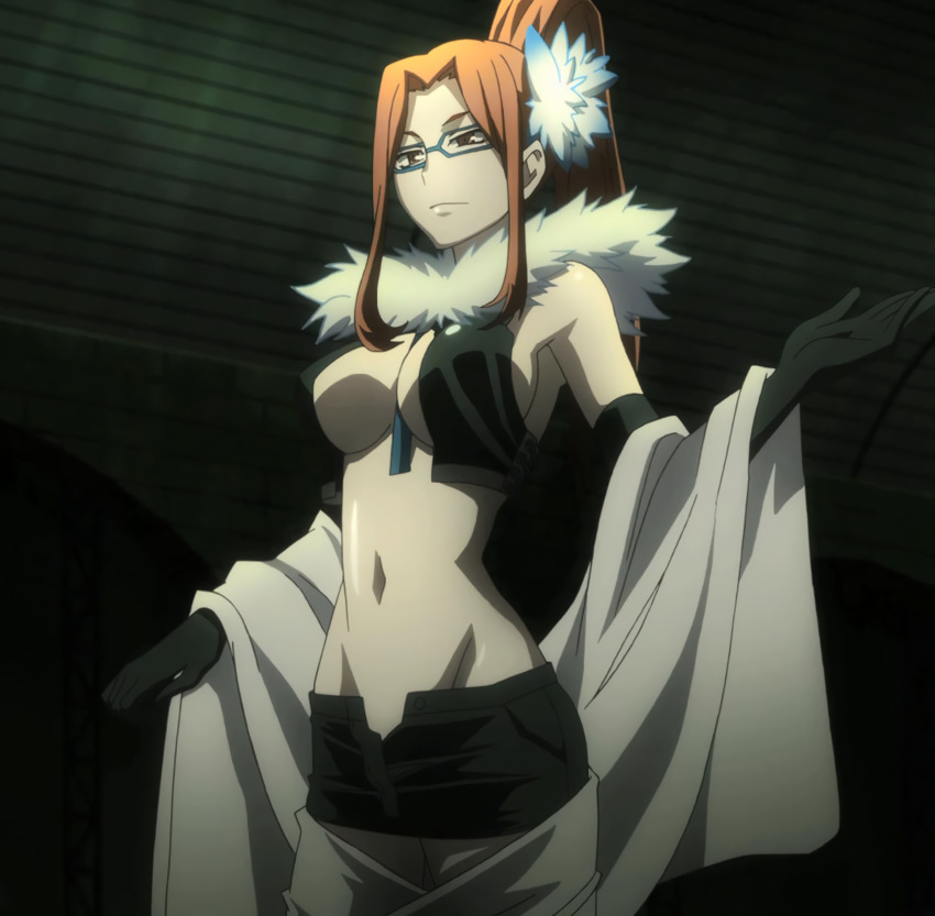 1girl absurdres breasts cellphone devil_survivor_(series) devil_survivor_2 female_focus glasses gloves groin highres kujou_hinako large_breasts long_hair matching_hair/eyes miniskirt narrow_waist navel no_bra no_panties orange_eyes orange_hair phone screencap skirt solo stomach