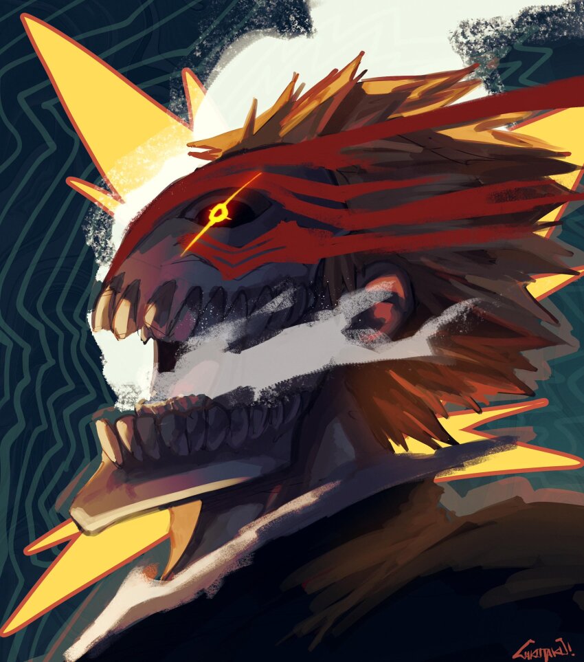 1boy artist_name black_sclera bleach close-up colored_sclera commentary english_commentary from_side glowing glowing_eye highres hollow_mask kurosaki_ichigo male_focus mask open_mouth orange_hair profile short_hair simple_background solo spiked_hair steam_from_mouth taku_(aywakutakuay) teeth yellow_eyes