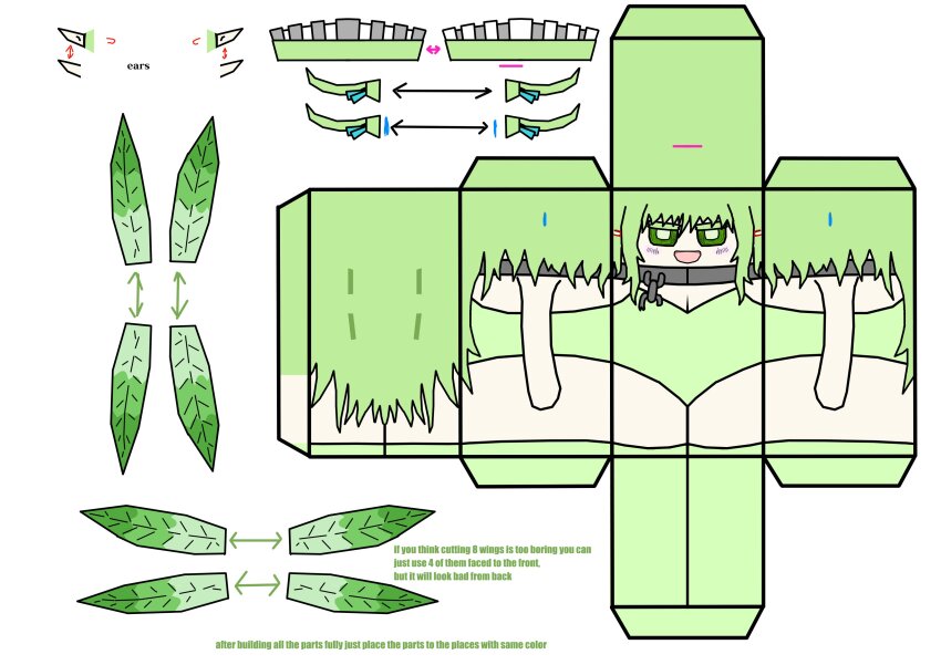 1girl absurdres arms_at_sides arrow_(symbol) black_souls black_souls_2 blush collar commentary cropped_legs english_commentary english_text green_hair headband highres how_to leaf leaf_(black_souls) leaf_wings long_bangs long_hair markings metal_collar open_mouth origami paper_cutout papercraft pointy_ears simple_background solo white_background white_headband ygtsglck