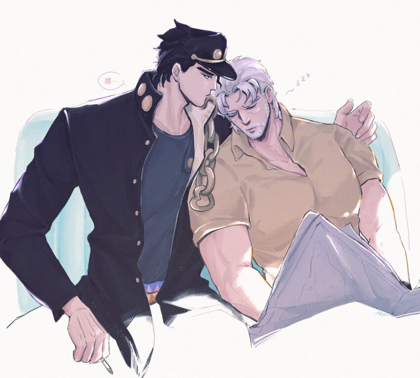 2boys beard belt between_fingers black_coat black_hat black_shirt brown_shirt chain cigarette coat covered_pectorals earrings facial_hair grandfather_and_grandson grey_hair hat highres holding jewelry jojo_no_kimyou_na_bouken joseph_joestar joseph_joestar_(old) kuujou_joutarou leaning_on_person looking_at_another male_focus map_(object) mature_male multiple_boys pectorals shirt simple_background sitting speech_bubble stardust_crusaders translation_request vamos_mk white_background zzz