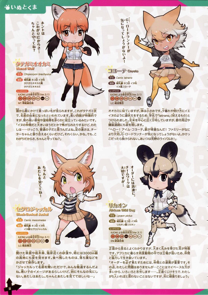 4girls absurdres african_wild_dog_(kemono_friends) black-backed_jackal_(kemono_friends) blonde_hair coyote_(kemono_friends) grey_hair highres kemono_friends looking_at_viewer maned_wolf_(kemono_friends) multiple_girls official_art orange_hair simple_background yoshizaki_mine