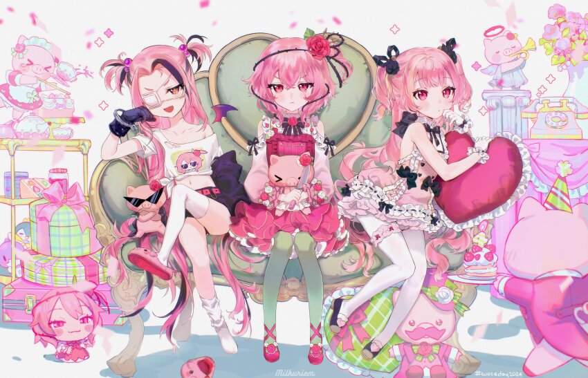 &gt;_&lt; :t absurdres angel antique_phone artist_name blush chibi clothing_cutout collarbone confetti couch dragoon_(selen_tatsuki) dress eyepatch fang flower frilled_dress frills gift green_pantyhose hair_flower hair_ornament hair_vines halo hat highres holding holding_knife knife long_hair looking_at_viewer maid medical_eyepatch medium_hair midriff milkuriem multicolored_hair multiple_persona mutsuki_face_(blue_archive) navel nijisanji nijisanji_en on_couch pantyhose parted_lips party_hat pentomo_(petra_gurin) phone pink_hair pout red_eyes red_flower red_rose rose rosebud_(rosemi_lovelock) rosemi_lovelock rosemi_lovelock_(1st_costume) rotary_phone shirt shoulder_cutout single_off_shoulder single_slipper single_sock single_thighhigh sitting skin_fang sleeveless sleeveless_dress slippers smug socks spilling streaked_hair tea_set thighhighs thorns tied_shirt twintails very_long_hair virtual_youtuber white_flower white_pantyhose white_rose