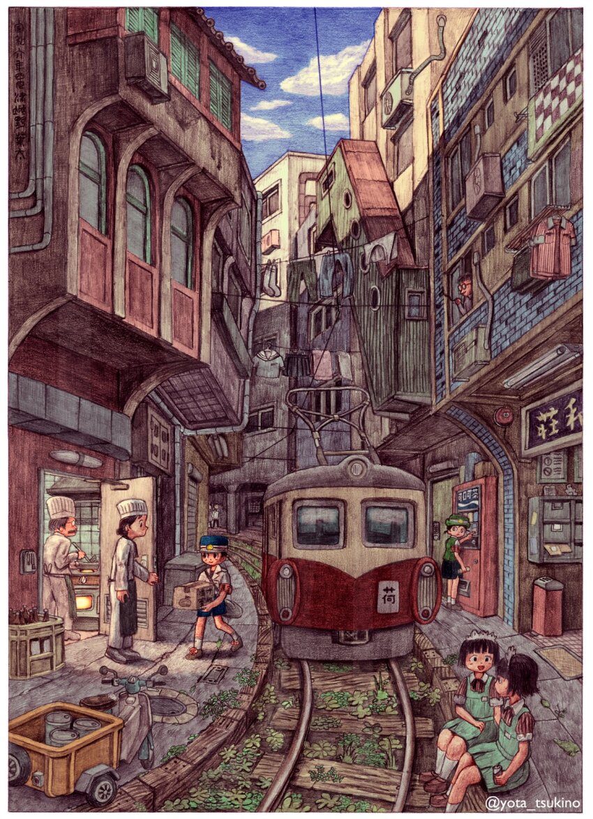 4boys 5girls alley blue_shorts blue_sky box building can cardboard_box chef chef_hat child city clothesline cloud colored_pencil_(medium) cooking dress facial_hair green_dress hat highres holding holding_box holding_can industrial_pipe iqra laundry maid_headdress manhole_cover multiple_boys multiple_girls mustache original railroad_tracks scenery short_dress short_sleeves shorts sidewalk sign sky streetcar traditional_media twitter_username unworn_clothes vending_machine watermark window