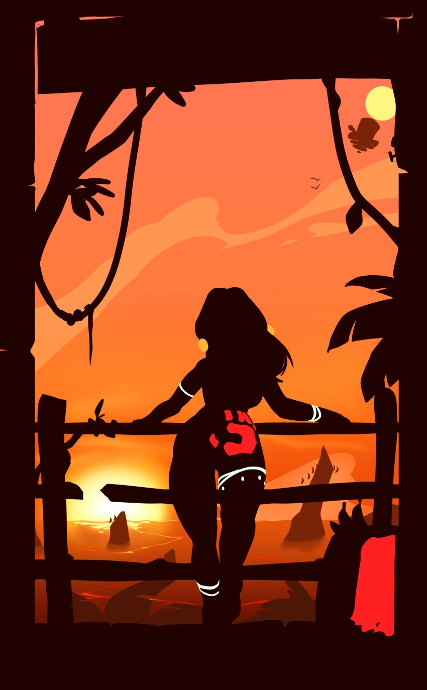 1girl absurdres against_fence arm_tattoo banana bare_arms bare_shoulders barrel bird breasts combos_&amp;_doodles donkey_kong_(1981_game) donkey_kong_(series) donkey_kong_country_returns dress unworn_dress earrings fence food from_behind fruit full_body gold_earrings handprint highres jewelry leg_tattoo mario_(series) medium_hair nintendo nude ocean odyssey_(super_mario_odyssey) outdoors pauline_(mario) plant red_dress seagull silhouette slap_mark solo spanked sun sunset super_mario_odyssey tattoo tree tribal tribal_tattoo vines wooden_fence