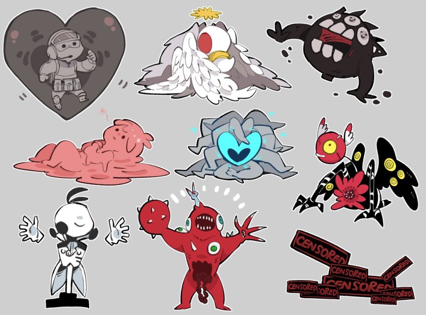 1girl 3others apocalypse_bird arms_up army_in_black bird blue_star censored censored_(project_moon) chibi chibi_only claws closed_mouth colored_skin disembodied_hand extra_eyes gloves grey_background helmet intestines lobotomy_corporation melting_love monster monster_focus mountain_of_smiling_bodies multiple_others nothing_there pink_hair pink_skin project_moon sabaage simple_background smile soldier the_silent_orchestra white_gloves white_skin whitenight_(project_moon)