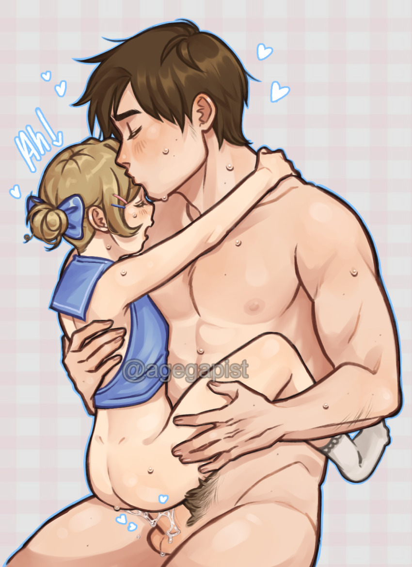 1boy 1girl age_difference artist_name ass backless_shirt bare_shoulders blonde_hair blue_bow blue_shirt bottomless bow brown_hair capcom carrying closed_eyes cropped_shirt from_behind grey_background hair_bow hair_bun hand_on_another&#039;s_back hetero highres kiss leon_s._kennedy lola_(agegapist) loli moaning muscular muscular_arms muscular_male open_mouth penis red_background resident_evil resident_evil_2 sex sherry_birkin shirt short_hair simple_background single_hair_bun size_difference sleeveless sleeveless_shirt socks suspended_congress testicles two-tone_background uncensored vaginal watermark white_socks