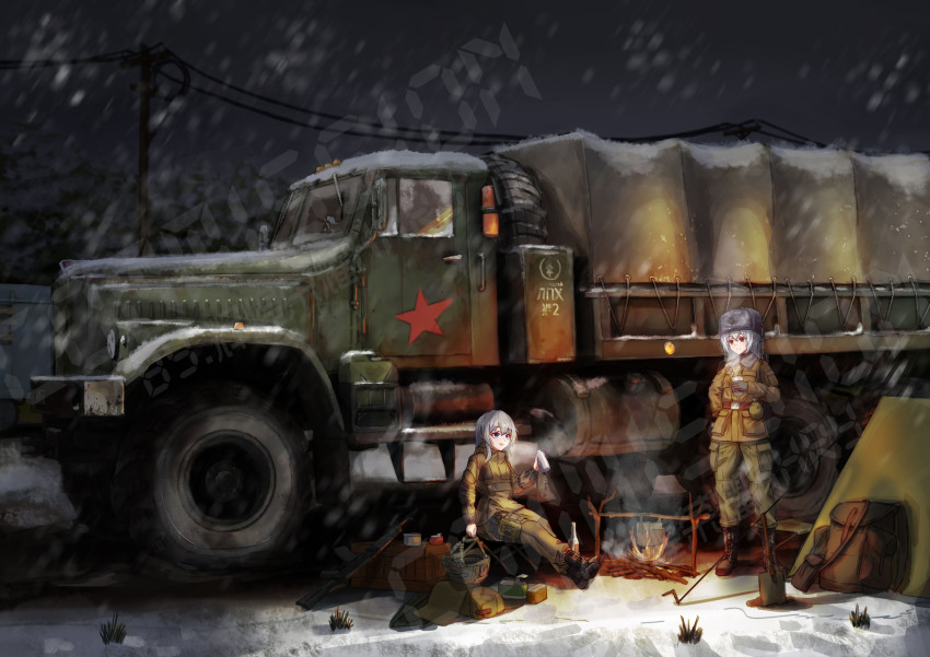 2girls absurdres belt fireplace gun hat helmet highres huihuang_rongyao long_hair military military_combat_uniform military_fatigues military_truck military_uniform military_vehicle motor_vehicle multiple_girls night original snow soviet star_(symbol) tarpaulin truck weapon white_hair winter