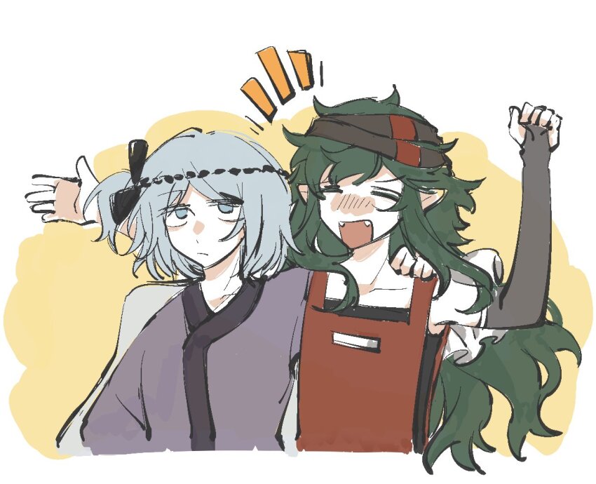 2others androgynous arm_around_neck arm_up armor black_bow black_headband black_shirt blue_eyes blue_hair blush bow breastplate brown_headband clenched_hand closed_eyes closed_mouth collarbone elbow_gloves fangs fingerless_gloves frown fujiwara_no_iyozane gloves green_hair grey_gloves hair_bow headband jacket jacket_on_shoulders japanese_clothes kimono len&#039;en long_hair messy_hair multiple_others notice_lines one_side_up open_mouth other_focus outstretched_arms pointy_ears purple_kimono red_armor shirt short_hair sidelocks single_elbow_glove sleeveless sleeveless_shirt smile taira_no_fumikado two-tone_background upper_body white_background white_jacket xiao_ganju_nailuo yellow_background