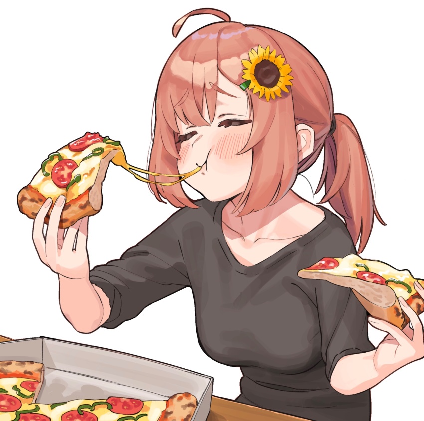 1girl black_shirt blush breasts brown_hair cheese cheese_trail closed_eyes commentary eating flower food foodgasm hair_between_eyes hair_flower hair_ornament highres holding holding_food holding_pizza honma_himawari long_hair medium_breasts nijisanji pizza pizza_box pizza_slice ponytail shirt simple_background solo suisei_lens sunflower sunflower_hair_ornament symbol-only_commentary table tomato tomato_slice upper_body virtual_youtuber white_background yellow_flower
