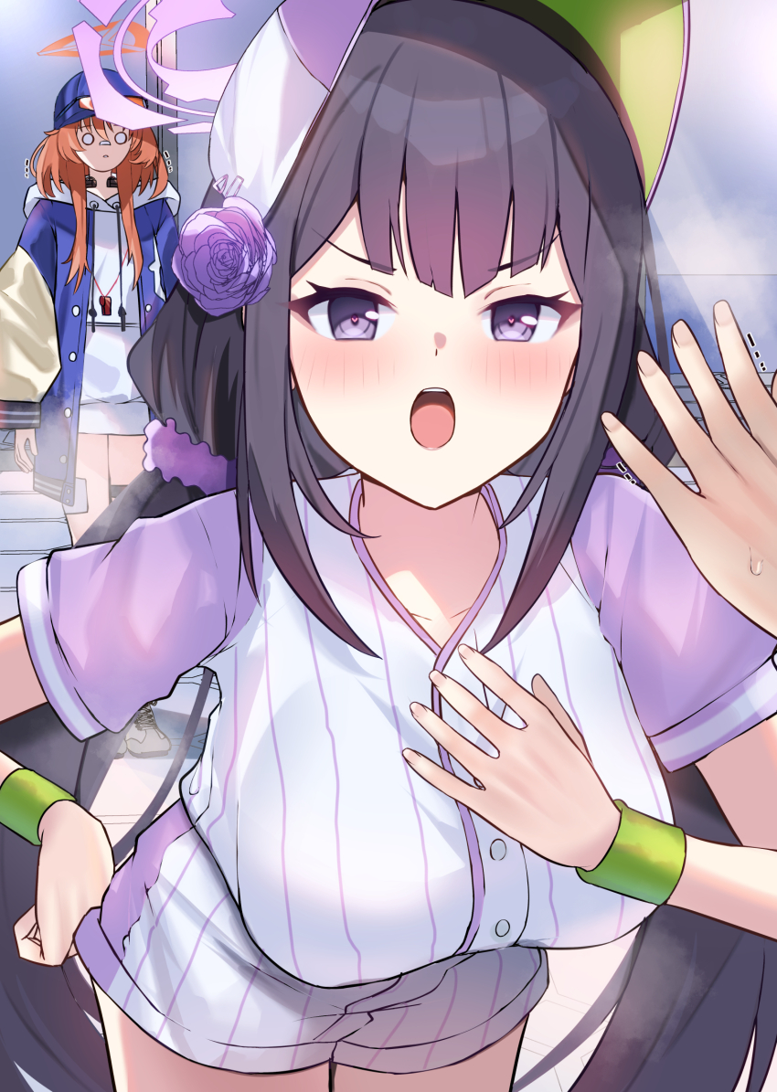 1other 2girls bandaid bandaid_on_face bandaid_on_nose baseball_cap black_hair blue_archive blue_hat blue_jacket blush breasts commentary_request halo hand_on_own_chest hand_on_own_hip hand_up hat heart heart-shaped_pupils highres hood hood_down hoodie jacket large_breasts leaning_forward long_hair long_sleeves looking_at_viewer low_twintails mi_taro333 multiple_girls o_o open_clothes open_jacket open_mouth orange_hair orange_halo pov pov_hands puffy_long_sleeves puffy_sleeves purple_eyes purple_halo purple_hat purple_shirt purple_shorts rei_(blue_archive) shirt short_shorts short_sleeves shorts standing striped_clothes striped_shirt striped_shorts sumire_(blue_archive) sumire_(part-time)_(blue_archive) symbol-shaped_pupils teeth twintails two-tone_shirt two-tone_shorts upper_teeth_only v-shaped_eyebrows vertical-striped_clothes vertical-striped_shirt vertical-striped_shorts very_long_hair visor_cap whistle whistle_around_neck white_hoodie white_shirt white_shorts