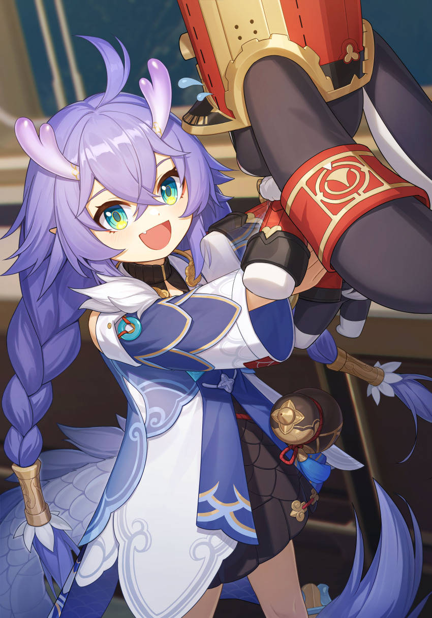 1girl 1other absurdres ahoge animal_ears bailu_(honkai:_star_rail) blush braid chinese_clothes detached_sleeves dragon_girl dragon_horns dragon_tail eastern_dragon_horns fang flying_sweatdrops gourd green_eyes hair_between_eyes highres holding honkai:_star_rail honkai_(series) horns long_hair looking_at_another pom-pom_(honkai:_star_rail) purple_hair rabbit_ears rabbit_tail single_braid smile sweatdrop tail yidie