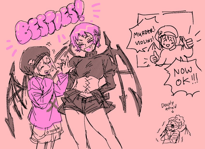 1boy 2girls beanie bito_raimu black_wings blush corset english_text closed_eyes fang glasses hat kariya_koki long_sleeves multiple_girls open_mouth pink_hair pink_shirt shirt short_hair short_shorts shorts skull_pin skull_print smile spiked_wings subarashiki_kono_sekai sweatdrop sweater wings yashiro_uzuki