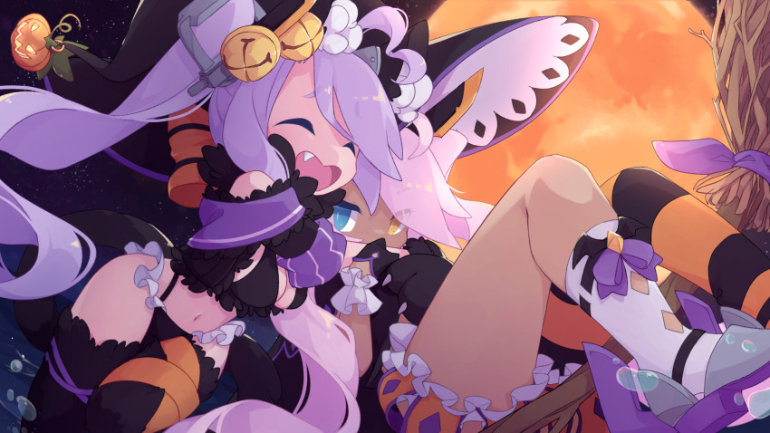 ahoge alternate_costume animal_hands azur_lane bell bikini black_bikini black_headwear black_pantyhose black_thighhighs blue_eyes blush breasts cat_tail cleavage closed_eyes commentary_request dark-skinned_female dark_skin fang foot_out_of_frame fur_thighhighs gloves hair_bell hair_ornament halloween hat heart heart_ahoge heterochromia highres hug indianapolis_(azur_lane) jack-o&#039;-lantern jingle_bell large_breasts long_hair looking_at_viewer moon navel open_mouth orange_moon orange_pantyhose orange_ribbon pantyhose paw_gloves pink_hair portland_(azur_lane) purple_hair ribbon siblings side_ponytail single_leg_pantyhose sisters smile spamaroo striped_clothes striped_pantyhose swimsuit tail thighhighs very_long_hair witch_hat yellow_eyes
