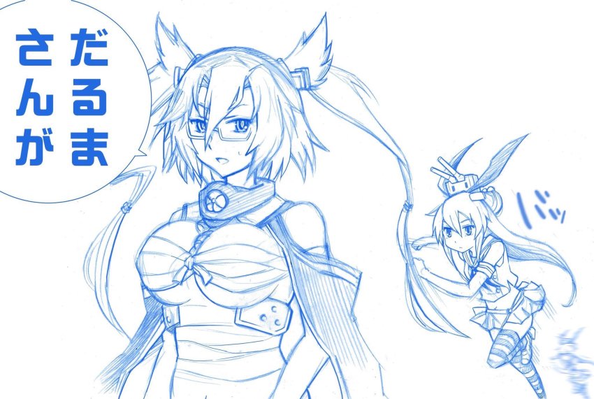 2girls afterimage animal_ears blue_theme breasts budget_sarashi collar commentary_request detached_sleeves fake_animal_ears glasses hair_between_eyes hair_flaps headgear highres inoue_kousei kantai_collection large_breasts long_hair looking_at_viewer midriff monochrome multiple_girls musashi_(kancolle) neckerchief open_mouth pleated_skirt rabbit_ears rensouhou-chan running sarashi school_uniform serafuku shimakaze_(kancolle) sitting sitting_on_head sitting_on_person skirt sleeveless striped_clothes striped_legwear striped_thighhighs thighhighs translation_request twintails
