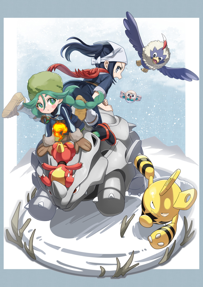 2girls akari_(pokemon) black_hair blush_stickers brown_mittens closed_mouth commentary_request elekid floating_scarf fur_hat gen_1_pokemon gen_2_pokemon gen_5_pokemon gen_7_pokemon green_hair green_headwear hat headscarf highres jacket long_hair magby mittens multiple_girls nintendo numenume_(powa-ogutyogutyo) pokemon pokemon_(creature) pokemon_legends:_arceus ponytail red_scarf rhyhorn riding riding_pokemon rowlet rufflet sabi_(pokemon) scarf snow white_headscarf white_headwear