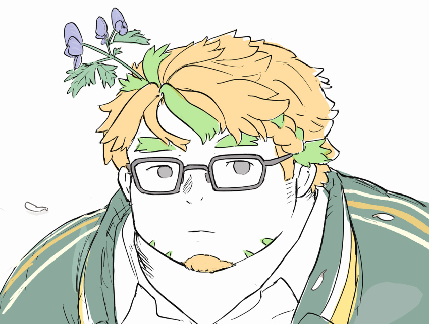 1boy bara empty_eyes facial_hair fat fat_man flat_color flower glasses goatee green_hair hair_flower hair_ornament hippolytus_(housamo) jacket light_brown_hair looking_at_viewer male_focus multicolored_hair plant_on_head portrait short_hair sideburns_stubble smile solo streaked_hair stubble takasaki_(takakei1) thick_eyebrows tokyo_houkago_summoners track_jacket two-tone_beard