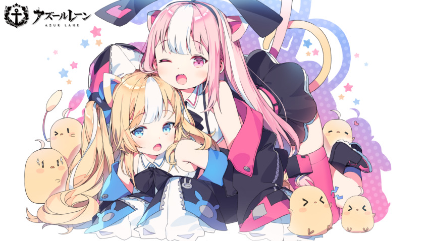 2girls animal_ears azur_lane bare_shoulders blonde_hair blue_eyes cat_ears cat_girl commentary_request copyright_name detached_sleeves fang highres hobby_(azur_lane) kalk_(azur_lane) manjuu_(azur_lane) multicolored_hair multiple_girls official_art on_person one_eye_closed pink_eyes pink_hair sanze_(gokiburi_kirai) sleeves_past_fingers sleeves_past_wrists streaked_hair very_long_sleeves white_hair