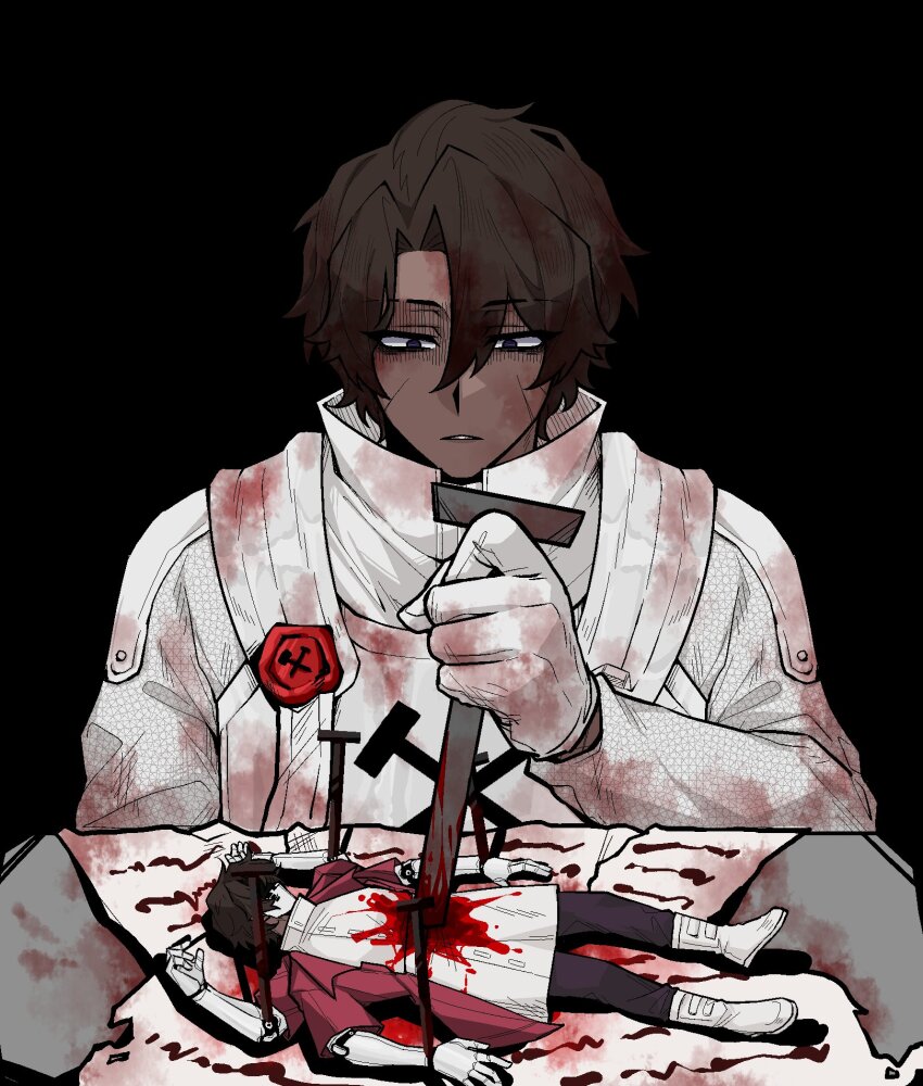 2boys 8ight armor blood blood_in_hair blood_on_clothes blood_on_face blood_on_hands blood_on_paper bloody_weapon brown_hair dark-skinned_male dark_skin dress empty_eyes gloves heathcliff_(project_moon) highres limbus_company looking_down multicrack_office_(identity)_(project_moon) multiple_boys n._corp_(identity)_(project_moon) nail_(hardware) pants paper project_moon purple_eyes purple_pants scar scar_on_face shirt stab turtleneck turtleneck_dress turtleneck_shirt weapon white_footwear white_gloves