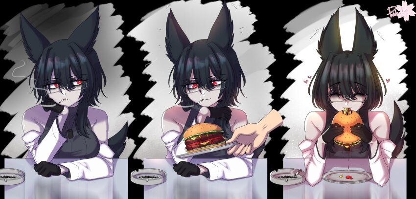 1girl animal_ears ashtray black_eyeshadow black_hair burger cigarette coat coat_partially_removed dog_tags eating eyeshadow food fox_girl glasses gloves half_gloves highres makeup messy_hair off_shoulder original pride-kun smoking sweater_vest tail