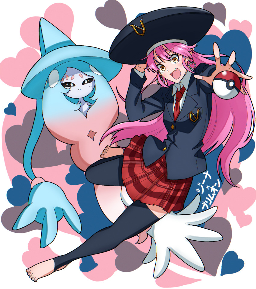 1girl :d black_headwear black_thighhighs character_name earrings fang formal_clothes full_body gen_8_pokemon gina_(undead_unluck) hand_up hat hatterene heart highres holding holding_poke_ball jewelry long_hair long_sleeves necktie nintendo open_mouth pink_hair plaid_clothes plaid_skirt poke_ball pokemon pokemon_(creature) red_necktie red_skirt shishiruto skirt smile stirrup_legwear suit thighhighs toeless_legwear undead_unluck very_long_hair