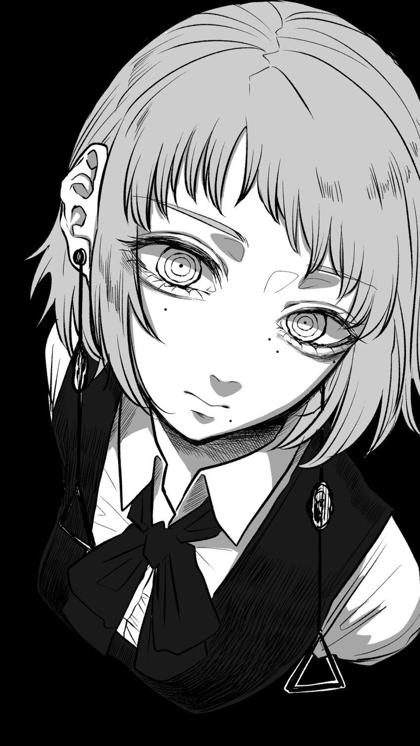 1girl chainsaw_man closed_mouth collared_shirt commentary_request dress earrings fami_(chainsaw_man) fourth_east_high_school_uniform greyscale haru_rice highres jewelry looking_at_viewer mole mole_under_eye mole_under_mouth monochrome multiple_moles pinafore_dress ringed_eyes school_uniform shirt sleeveless sleeveless_dress solo
