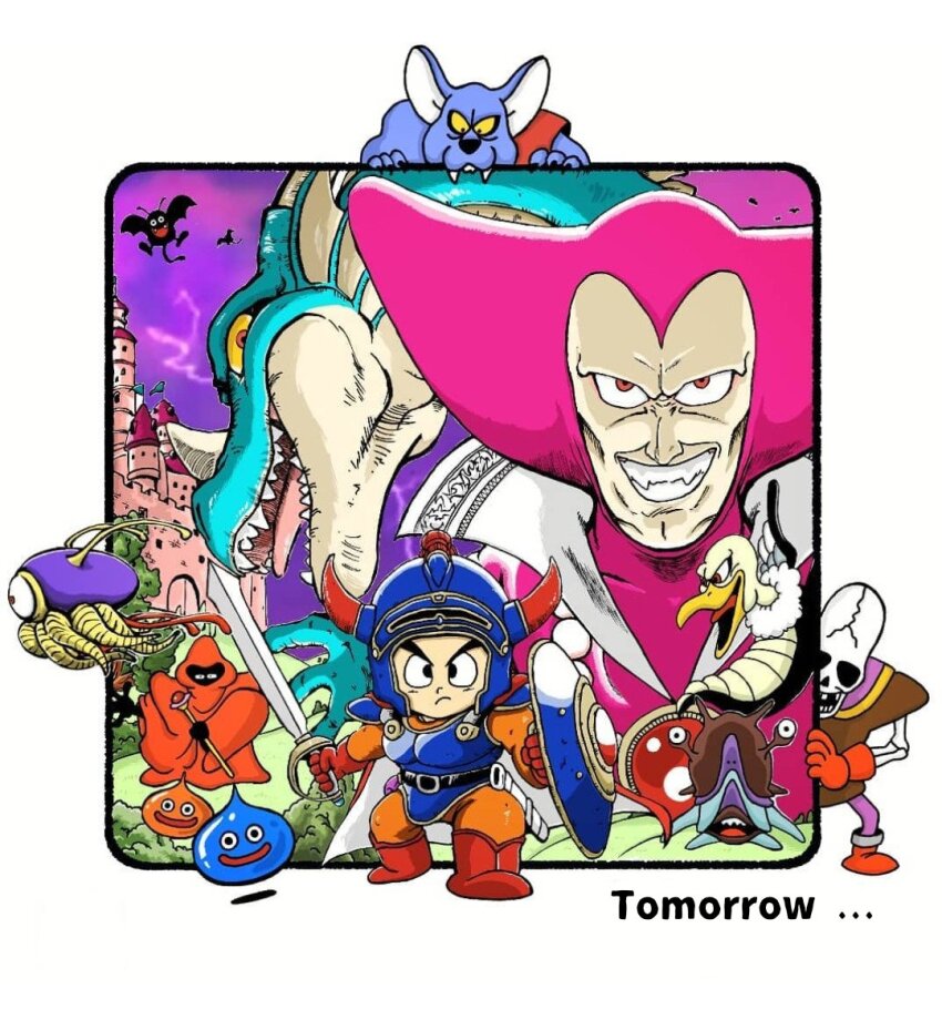 2boys 6+others aqua_skin armor asymmetrical_dual_wielding black_border black_eyes blue_armor blue_helmet bodysuit boots border cape castle chibi chimaera_(dragon_quest) colored_sclera colored_skin commentary covered_pectorals creature_request dracky dragon dragon_boy dragon_lord dragon_quest dragon_quest_i drohl_drone dual_persona dual_wielding english_commentary english_text evil_grin evil_smile fake_horns fangs fins gloves grin head_fins helmet hero_(dq1) holding holding_shield holding_staff holding_sword holding_weapon horned_helmet horns looking_at_viewer looking_down looking_to_the_side looking_up mage_staff multiple_boys multiple_others nose_horn open_mouth orange_bodysuit orange_robe pectorals pink_hood purple_sky red_boots red_cape red_eyes red_gloves red_horns robe scabbard she-slime sheath shield skeleton_(dragon_quest) sky slime_(dragon_quest) smile staff sword tcgf_04 two-sided_cape two-sided_fabric weapon white_cape widow&#039;s_peak yellow_sclera
