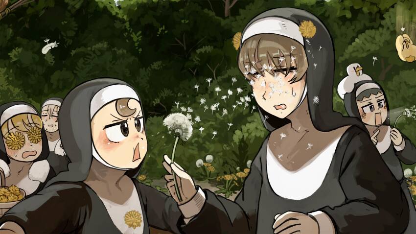 5girls bird black_hair blonde_hair brown_eyes brown_hair bush chicken clumsy_nun_(diva) commentary dandelion dandelion_seed diva_(hyxpk) duck duckling english_commentary feathers flower froggy_nun_(diva) grey_hair highres little_nuns_(diva) multiple_girls nun rectangular_mouth traditional_nun triangle_mouth