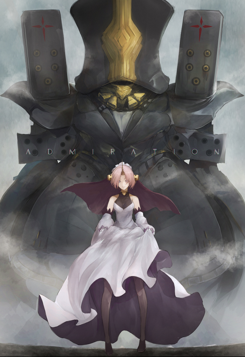 1boy 1girl bare_shoulders black_footwear blue_eyes breasts brown_pantyhose charles_babbage_(fate) commentary_request detached_sleeves dress fate/apocrypha fate/grand_order fate_(series) fog frankenstein&#039;s_monster_(fate) gloves hair_over_eyes highres long_sleeves marumoru medium_breasts pantyhose parted_bangs pink_hair puffy_long_sleeves puffy_sleeves robot shoes short_hair skirt_hold sleeveless sleeveless_dress standing veil white_dress white_gloves white_sleeves