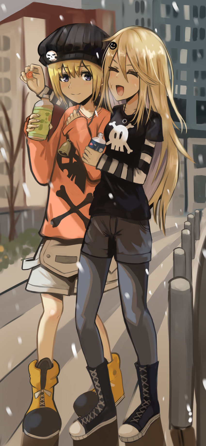 2girls :d absurdres badge bell bito_raimu black_headwear blonde_hair blue_eyes boots bottle_cap city closed_eyes cross-laced_footwear cup day disposable_cup grey_pants hair_ornament hand_up hat_ornament highres jewelry long_hair long_sleeves multiple_girls necklace open_mouth outdoors pants scar scar_on_face shorts skull_print skullcap smile standing striped_sleeves subarashiki_kono_sekai thomason366 yellow_boots
