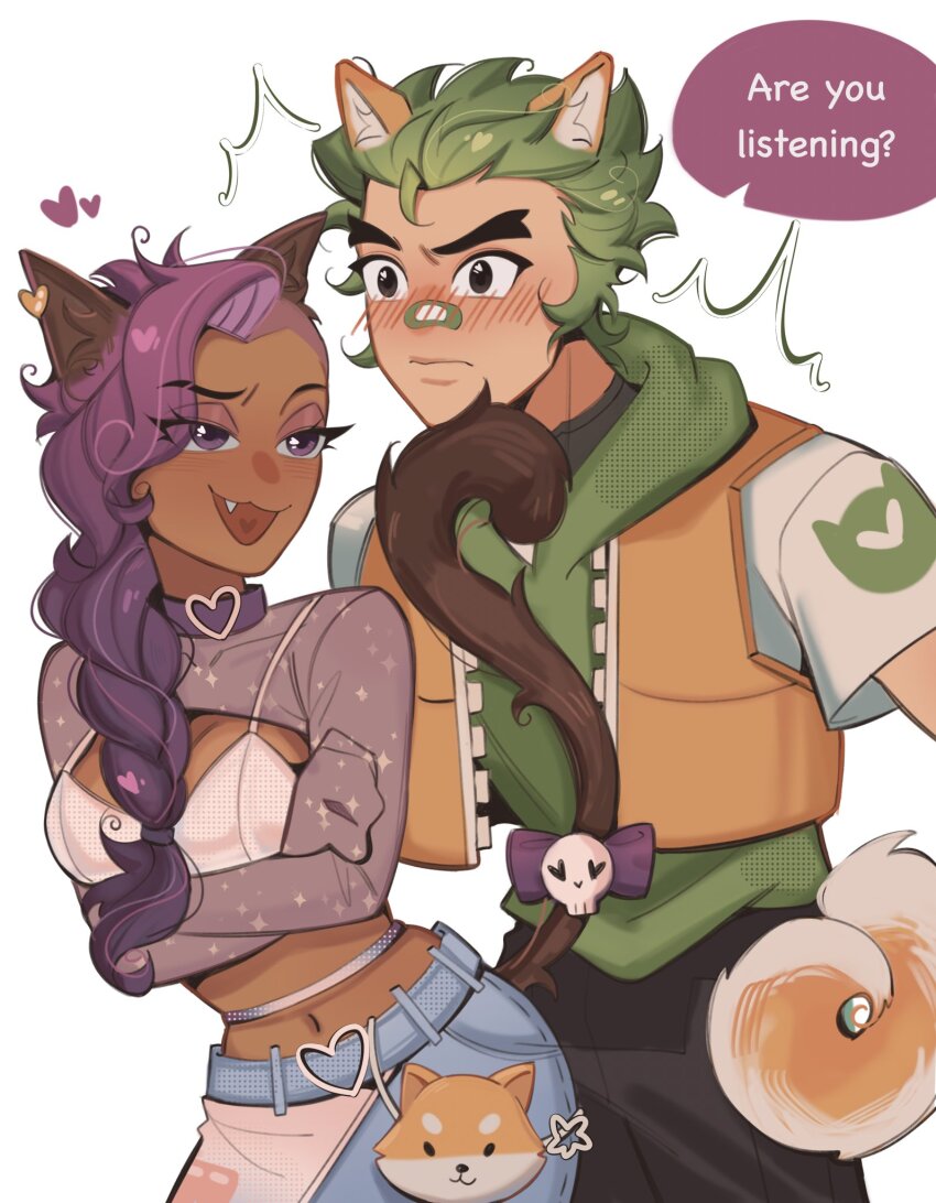 1boy 1girl :3 alternate_costume animal_ears blush braid breasts brown_eyes camisole cat_ears cat_girl cat_tail choker cleavage closed_mouth couple cowboy_shot dark-skinned_female dark_skin denim dog_boy dog_ears dog_tail english_text eyebrow_cut fang genji_(overwatch) green_hoodie heart heart_choker hetero highres hood hoodie interracial jeans kaiwankon kemonomimi_mode long_hair medium_breasts midriff navel orange_vest overwatch pants purple_choker purple_eyes purple_hair purple_shrug shaved_head shirt short_hair simple_background single_braid sombra_(overwatch) sparrow_genji speech_bubble surprised tail talking teasing undercut vest white_background white_camisole white_shirt wide-eyed