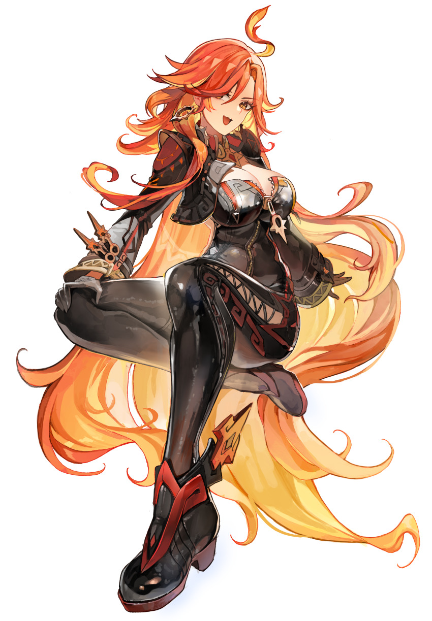 1girl absurdres ahoge biker_clothes bikesuit black_bodysuit black_gloves black_jacket bodysuit breasts cleavage commentary_request cropped_jacket earrings foreshortening full_body genshin_impact gloves gradient_hair happyongdal high_heels highres invisible_chair jacket jewelry korean_commentary large_breasts long_hair long_sleeves looking_at_viewer mavuika_(genshin_impact) multicolored_hair open_mouth orange_eyes orange_hair orange_pupils red_hair simple_background sitting solo strapless_bodysuit sun_earrings very_long_hair white_background zipper