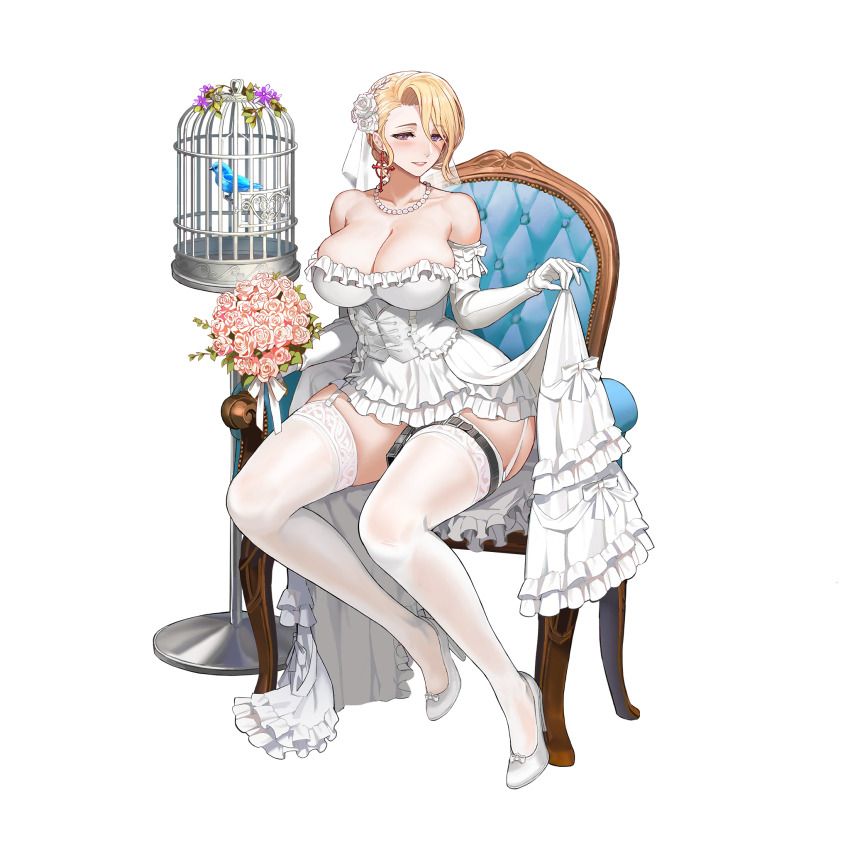 1girl amy_razor bare_shoulders bird blonde_hair bouquet breasts bridal_lingerie bridal_veil bride cage chair cleavage clothes_lift corset dress earrings elbow_gloves female_focus flower full_body game_cg garter_straps gloves hair_between_eyes high_heels highres jewelry large_breasts last_origin lingerie looking_at_viewer navel necklace official_art open_clothes open_dress pearl_necklace purple_eyes sitting skirt skirt_hold skirt_lift smile solo tachi-e taesi thighhighs transparent_background underwear veil wedding_dress white_footwear white_gloves white_thighhighs