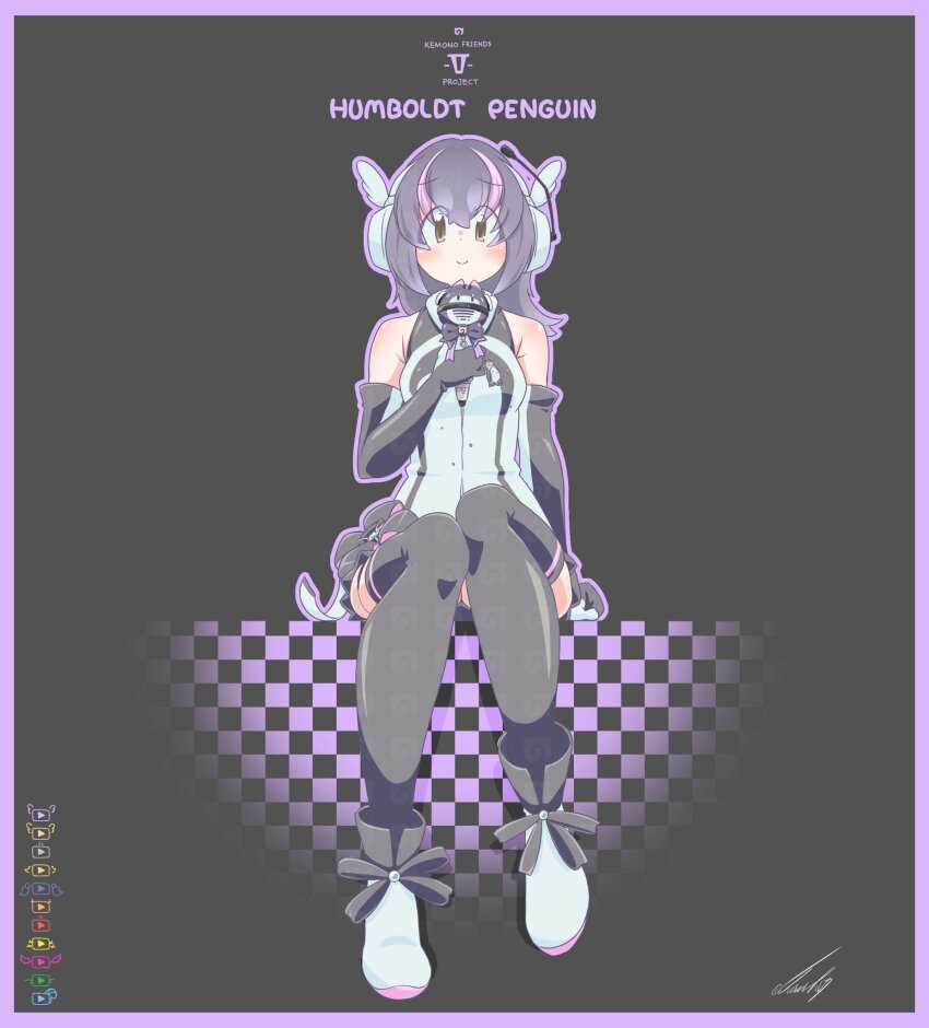 1girl bare_shoulders black_background black_hair cherushi_2 elbow_gloves gloves headphones highres hood hoodie humboldt_penguin_(kemono_friends) kemono_friends kemono_friends_v_project long_hair looking_at_viewer lucky_beast_(kemono_friends) microphone multicolored_hair penguin_girl ribbon shoes simple_background sitting skirt sleeveless solo streaked_hair thighhighs virtual_youtuber yellow_eyes