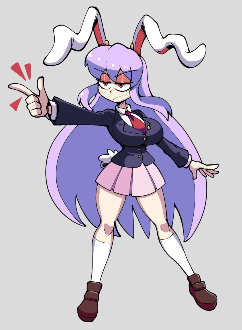 1girl animal_ears brown_shoes finger_gun full_body grey_background highres kevin_arthur loafers necktie pink_skirt pleated_skirt purple_hair rabbit_ears rabbit_girl rabbit_tail red_eyes red_necktie reisen_udongein_inaba shoes simple_background skirt socks solo tail touhou white_socks