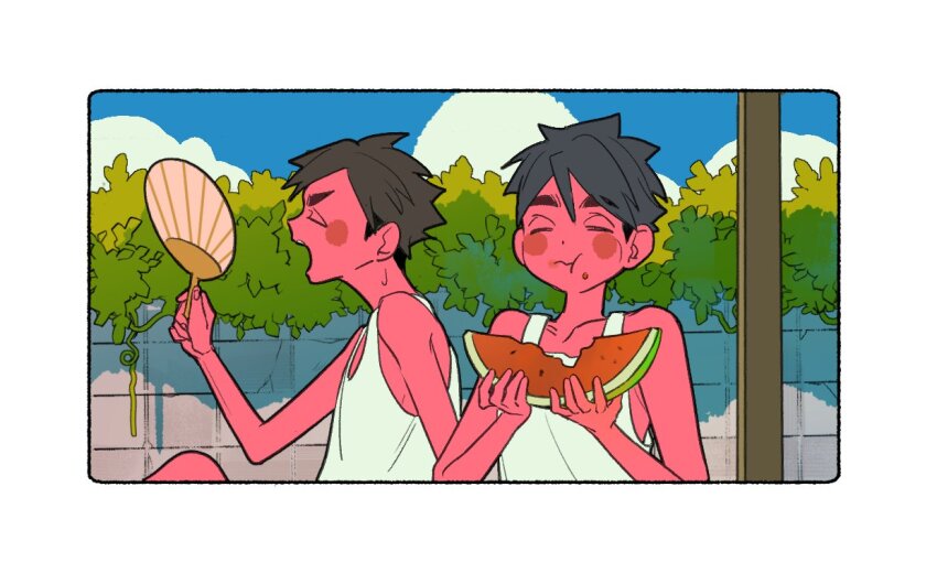2boys :t aged_down blush_stickers brothers bush chewing closed_eyes closed_mouth cloud cloudy_sky collarbone dot_nose eating food food_on_face fruit grey_hair haikyuu!! hair_between_eyes hand_fan holding holding_fan holding_food hot male_focus miya_atsumu miya_osamu miyaii17 multiple_boys open_mouth outdoors parted_bangs plant siblings sky summer sunburn tank_top teeth twins watermelon watermelon_slice white_tank_top