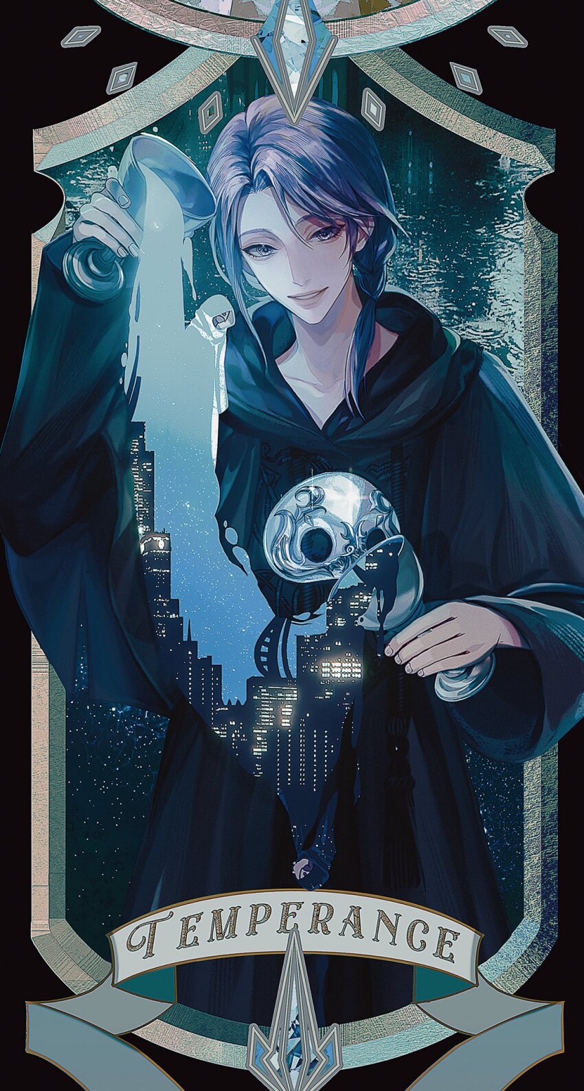 1boy amaurot black_border black_capelet black_robe blue_theme border braid building capelet card_(medium) chalice city commentary cowboy_shot cup double_exposure drawstring english_commentary final_fantasy final_fantasy_xiv hand_up highres holding holding_cup hood hood_down hooded_capelet hythlodaeus jingjue_de_yumiao long_sleeves looking_at_viewer male_focus mask mask_around_neck medium_hair purple_eyes purple_hair robe side_braid single_braid smile solo standing tarot tarot_(medium) temperance_(tarot) unworn_mask