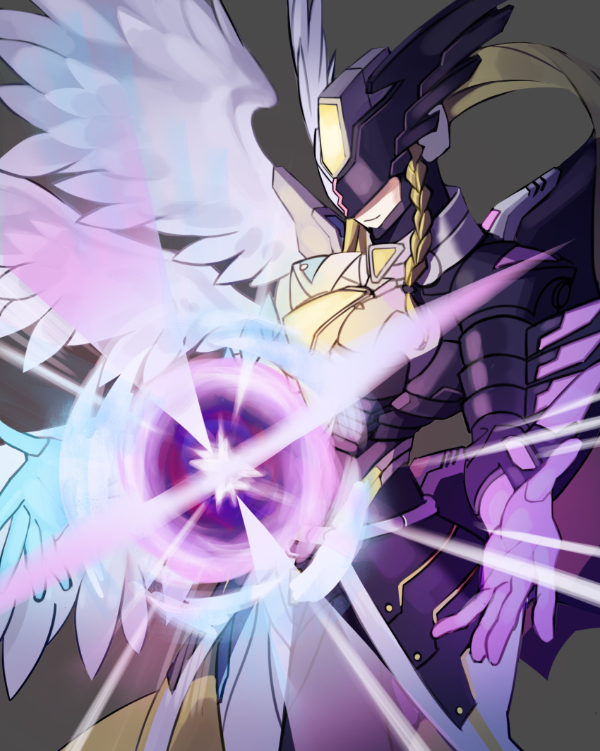 10_09hwan 1girl angel_wings armor asymmetrical_armor black_armor black_helmet black_wings breasts commission cowboy_shot demon_wings digimon digimon_(creature) feathered_wings forehead_jewel glowing grey_background helmet highres mastemon medium_breasts simple_background solo two-tone_helmet white_armor white_helmet white_wings wings