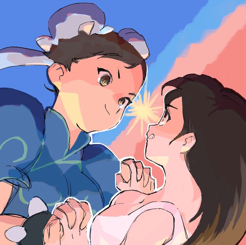 2girls black_hair bracelet breasts brown_eyes bun_cover capcom chun-li cleavage closed_mouth crossover double_bun eye_contact final_fantasy final_fantasy_vii gan2 hair_bun highres holding_hands interlocked_fingers jewelry long_hair looking_at_another medium_breasts multiple_girls puffy_short_sleeves puffy_sleeves short_hair short_sleeves smile spiked_bracelet spikes street_fighter tank_top tifa_lockhart white_tank_top